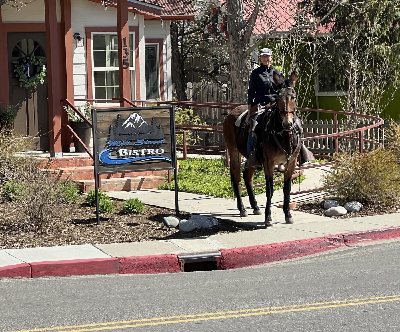 A smiling rider on a mule beside the Mill Street Bistro sign